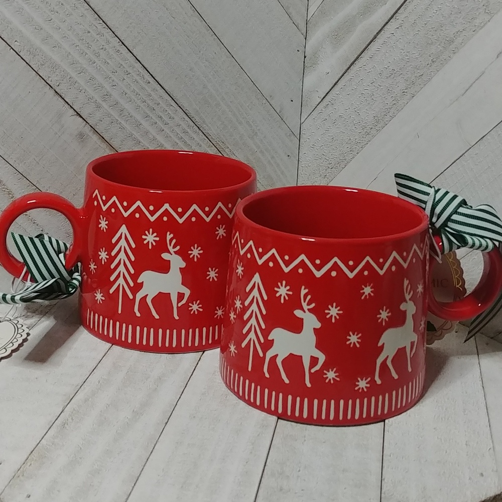 NWT Sunday Morning Ceramics Christmas Sweater Reindeer Print Mugs Set Of 2